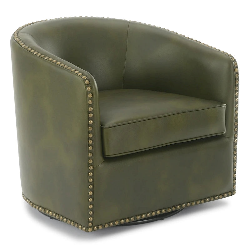 Faux Leather Swivel Barrel Accent Chair with Nailhead Trim