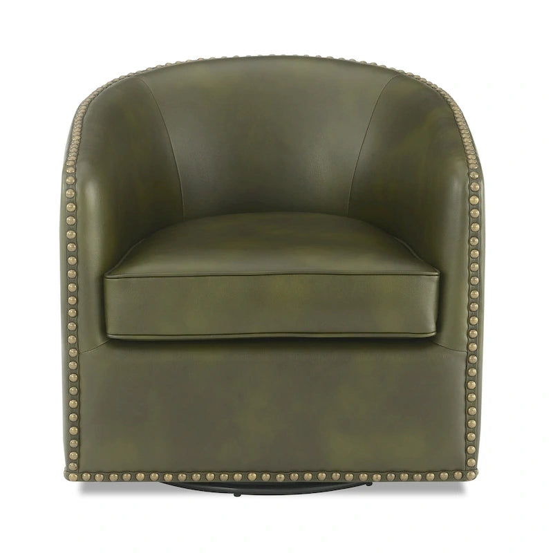 Faux Leather Swivel Barrel Accent Chair with Nailhead Trim