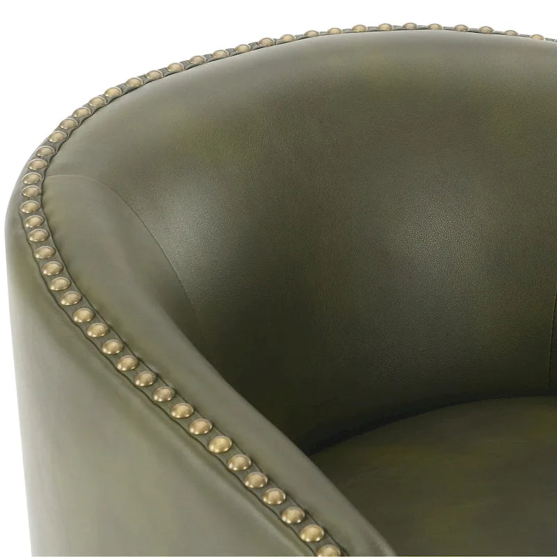 Faux Leather Swivel Barrel Accent Chair with Nailhead Trim