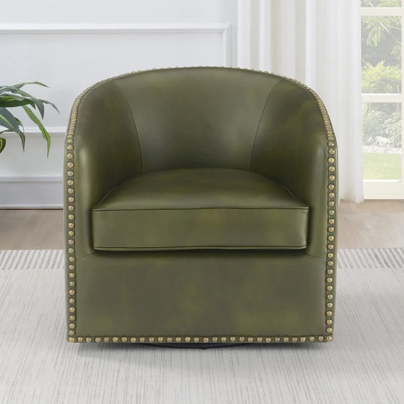 Faux Leather Swivel Barrel Accent Chair with Nailhead Trim