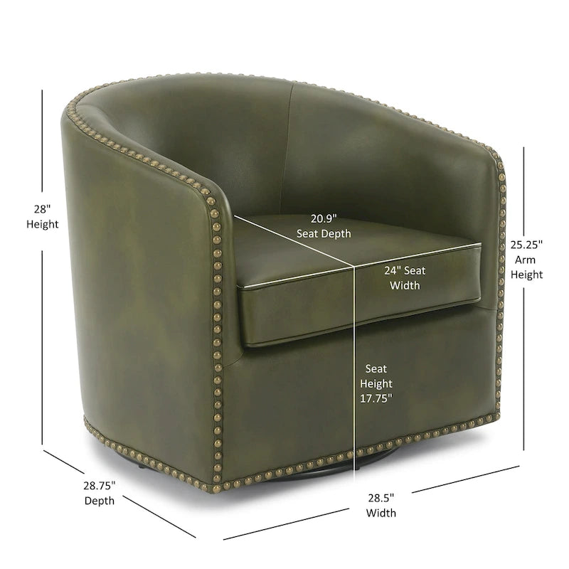 Faux Leather Swivel Barrel Accent Chair with Nailhead Trim
