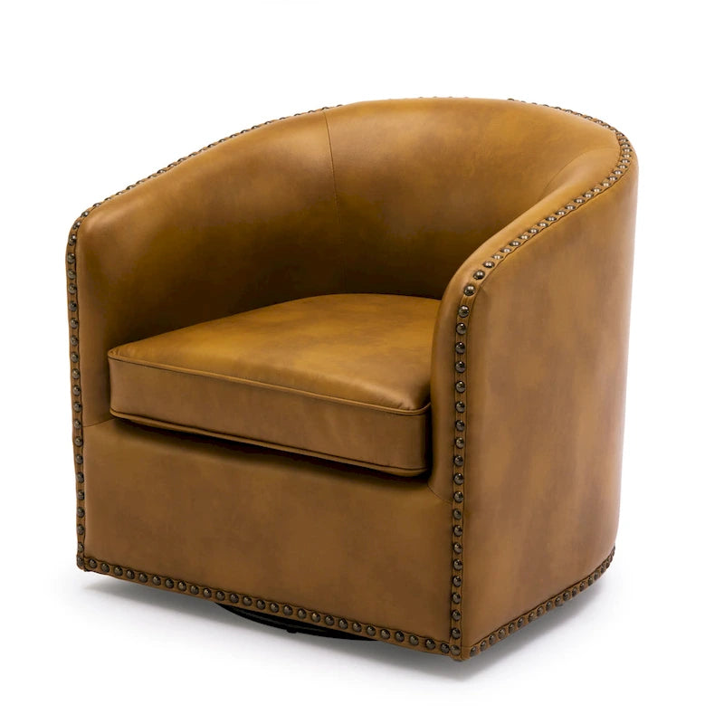 Faux Leather Swivel Barrel Accent Chair with Nailhead Trim