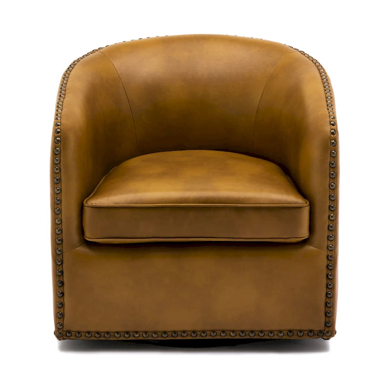 Faux Leather Swivel Barrel Accent Chair with Nailhead Trim