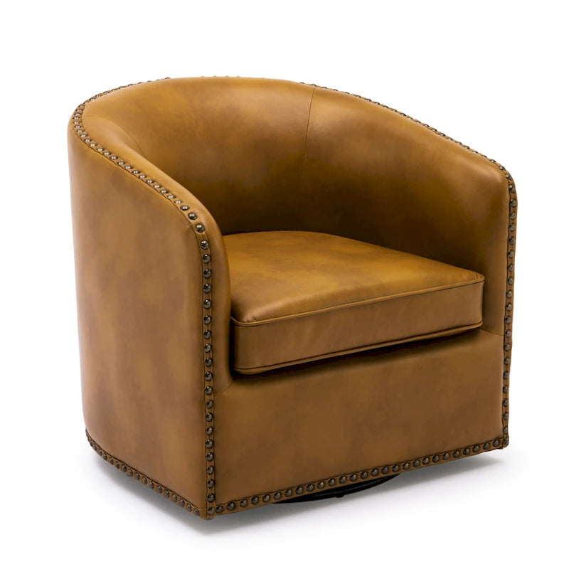 Faux Leather Swivel Barrel Accent Chair with Nailhead Trim