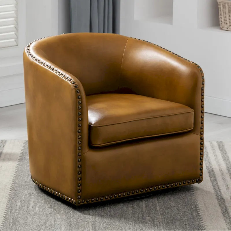 Faux Leather Swivel Barrel Accent Chair with Nailhead Trim
