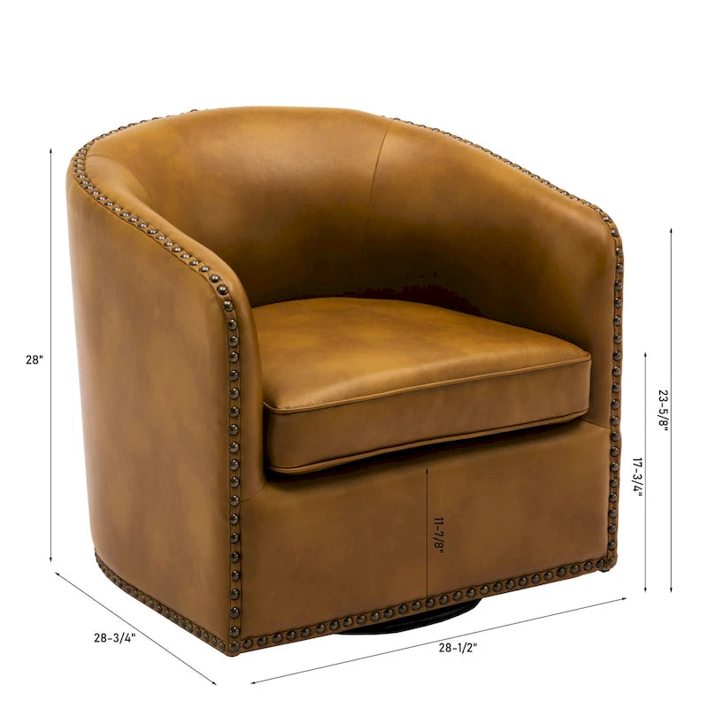 Faux Leather Swivel Barrel Accent Chair with Nailhead Trim