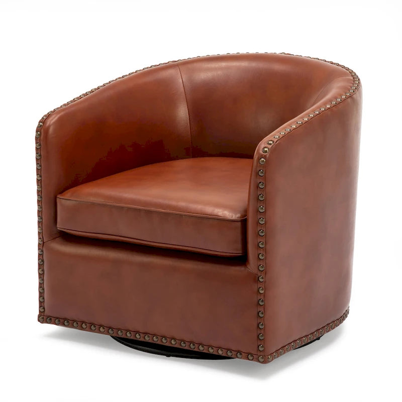 Faux Leather Swivel Barrel Accent Chair with Nailhead Trim