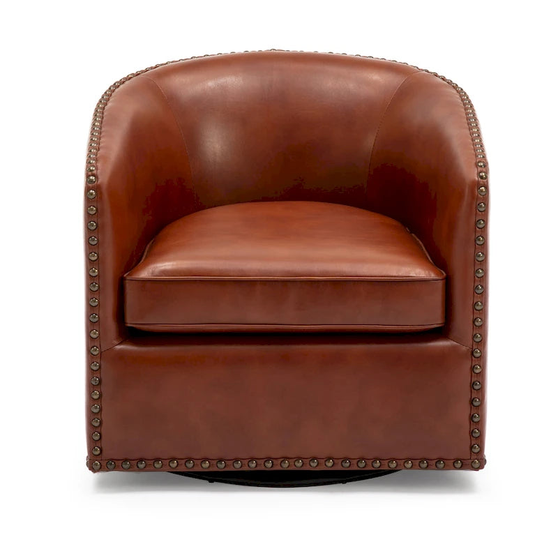 Faux Leather Swivel Barrel Accent Chair with Nailhead Trim