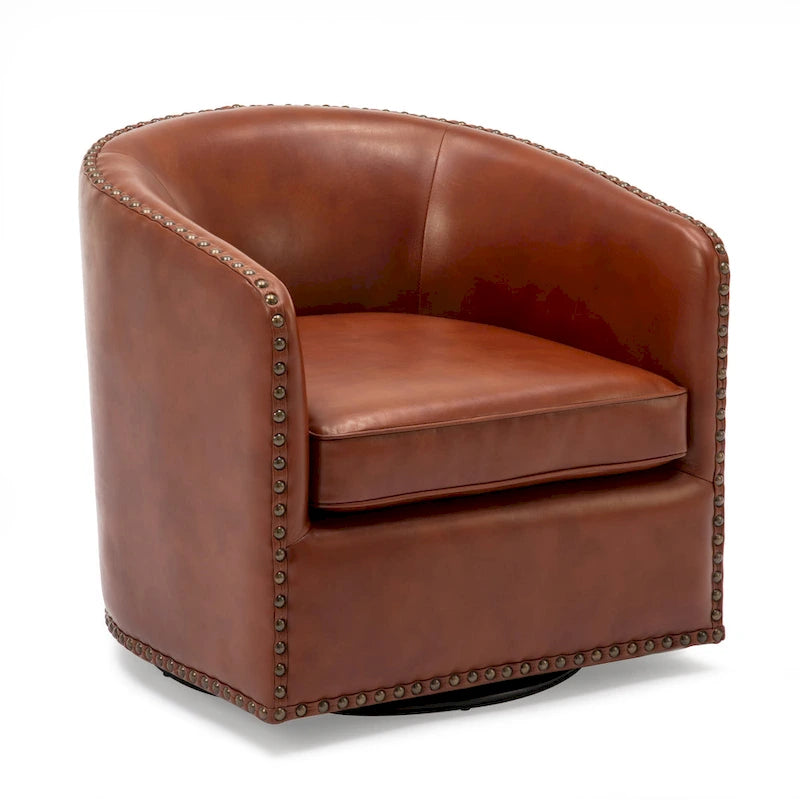 Faux Leather Swivel Barrel Accent Chair with Nailhead Trim