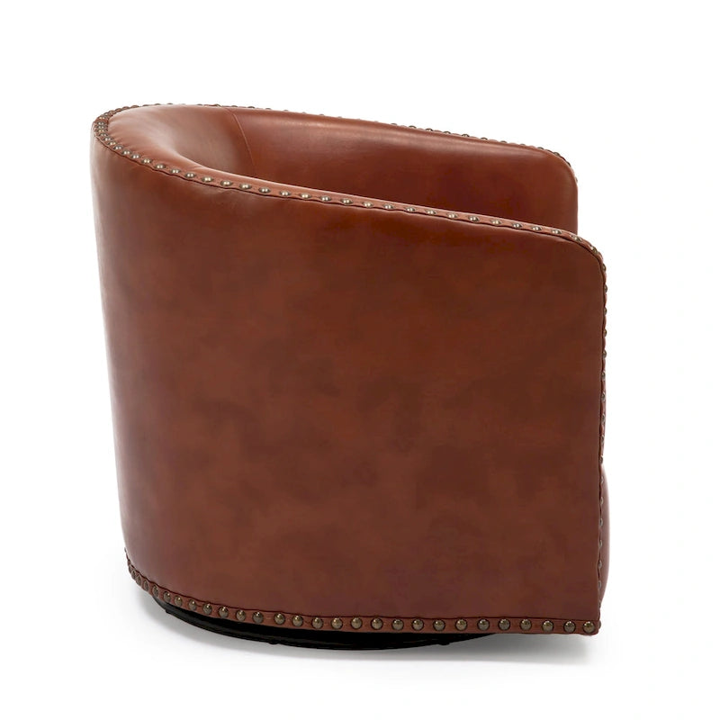 Faux Leather Swivel Barrel Accent Chair with Nailhead Trim