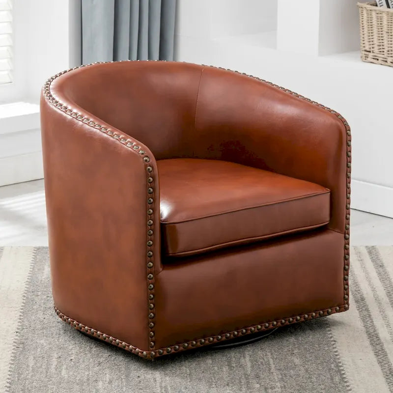 Faux Leather Swivel Barrel Accent Chair with Nailhead Trim