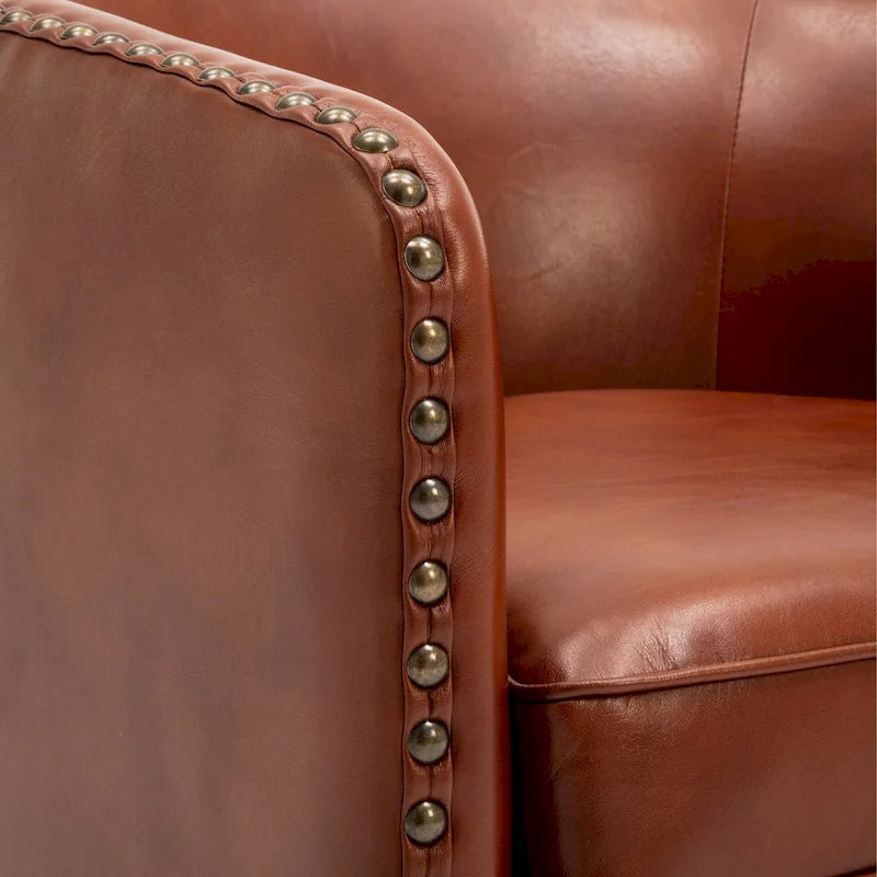 Faux Leather Swivel Barrel Accent Chair with Nailhead Trim
