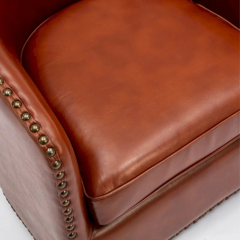 Faux Leather Swivel Barrel Accent Chair with Nailhead Trim