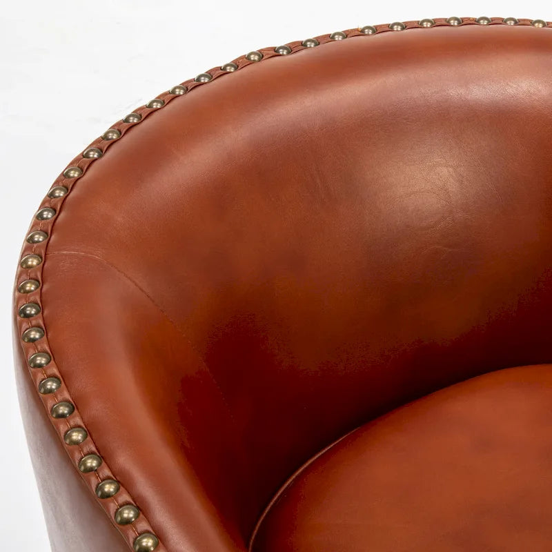 Faux Leather Swivel Barrel Accent Chair with Nailhead Trim