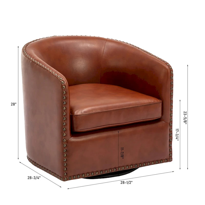 Faux Leather Swivel Barrel Accent Chair with Nailhead Trim