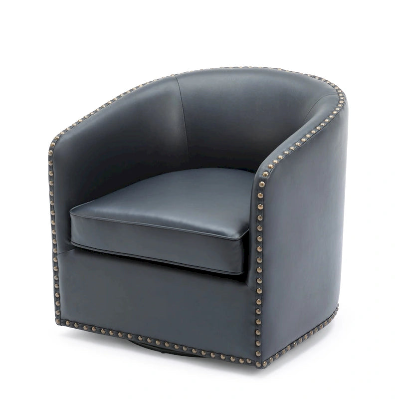 Faux Leather Swivel Barrel Accent Chair with Nailhead Trim