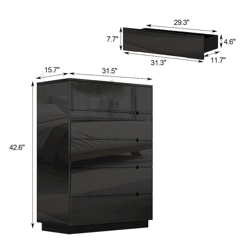 Wood 5 Drawer Chest Bedroom Dresser in White High Gloss With Light