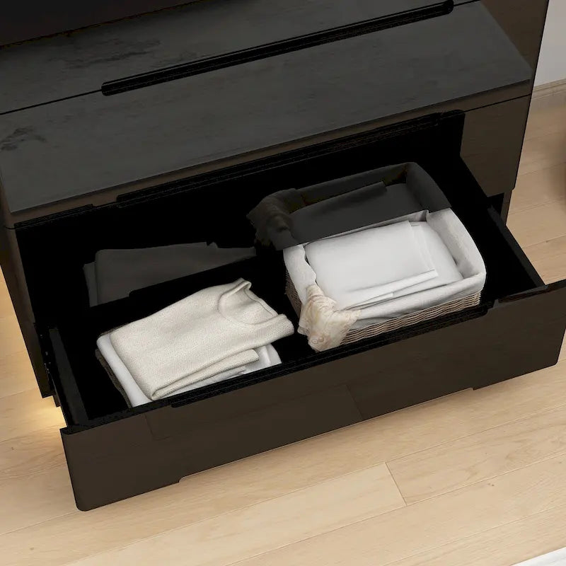Wood 5 Drawer Chest Bedroom Dresser in White High Gloss With Light
