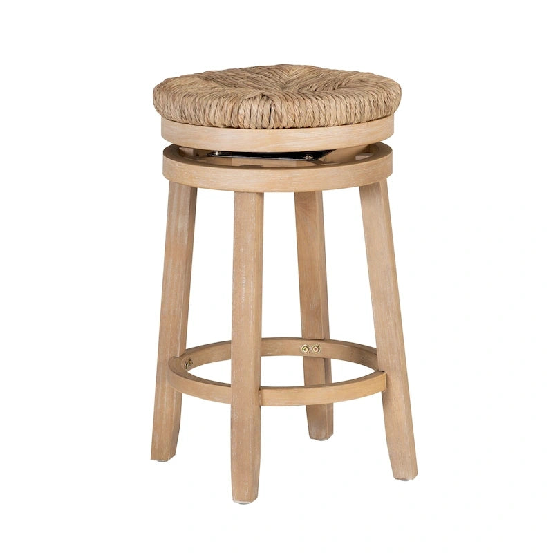 Backless Swivel Counter Stool with Natural Seagrass Seat and Rubberwood Base