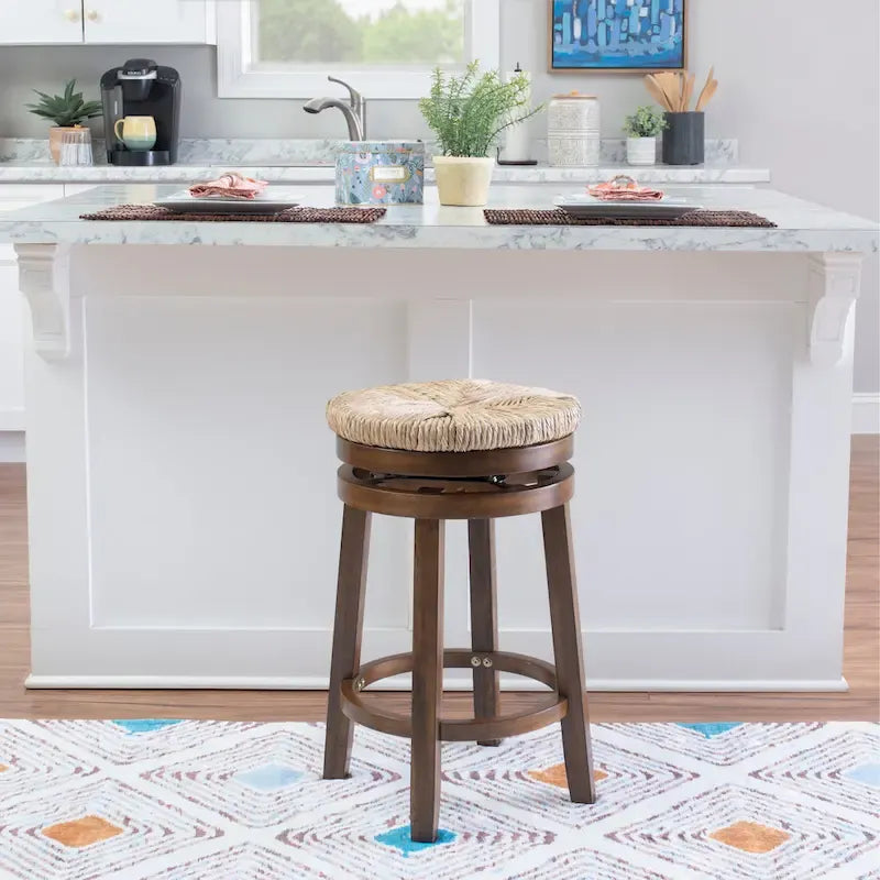 Backless Swivel Counter Stool with Natural Seagrass Seat and Rubberwood Base