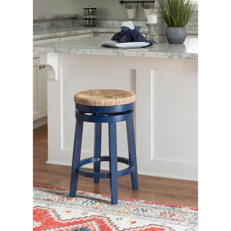 Backless Swivel Counter Stool with Natural Seagrass Seat and Rubberwood Base