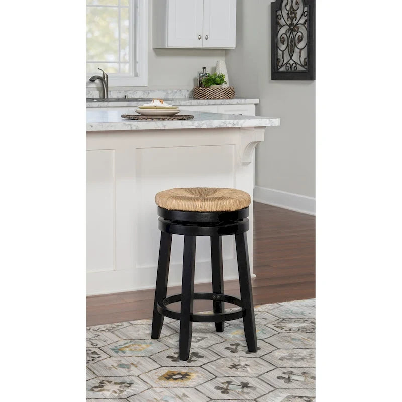 Backless Swivel Counter Stool with Natural Seagrass Seat and Rubberwood Base