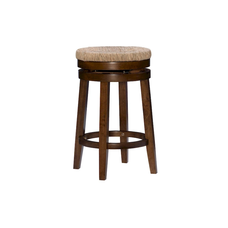 Backless Swivel Counter Stool with Natural Seagrass Seat and Rubberwood Base