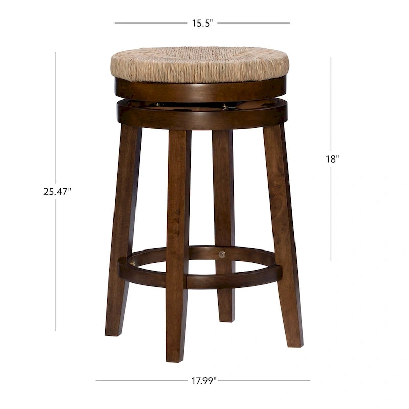 Backless Swivel Counter Stool with Natural Seagrass Seat and Rubberwood Base