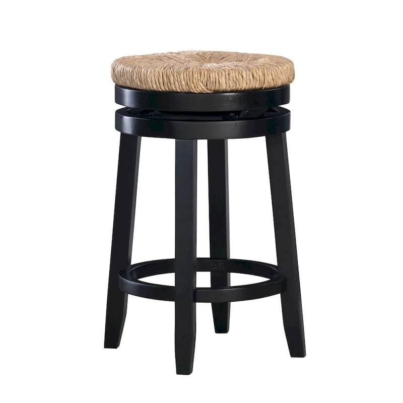 Backless Swivel Counter Stool with Natural Seagrass Seat and Rubberwood Base