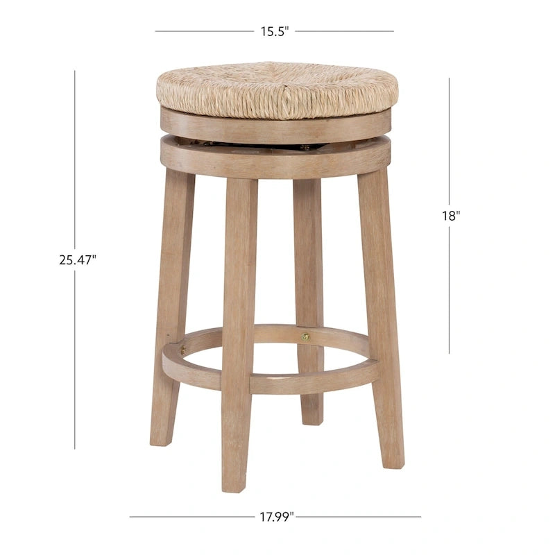 Backless Swivel Counter Stool with Natural Seagrass Seat and Rubberwood Base