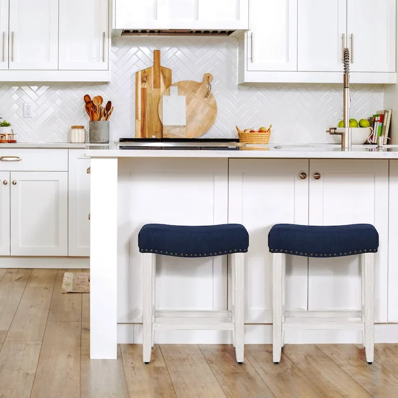Upholstered Polyester Saddle Seat Counter Stool Antique White Rubberwood Legs