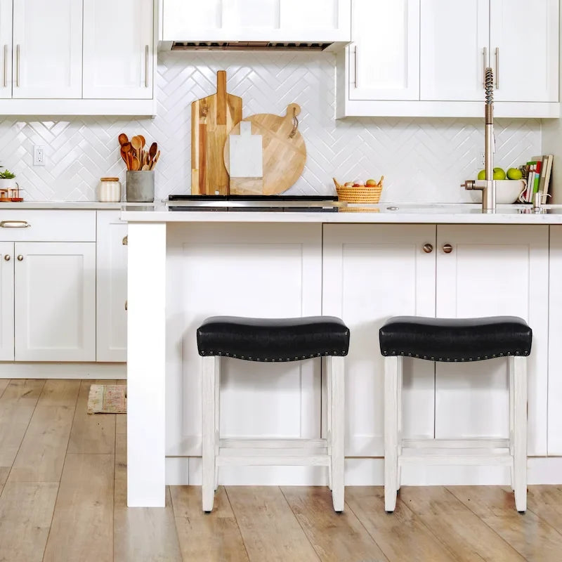 Upholstered Polyester Saddle Seat Counter Stool Antique White Rubberwood Legs