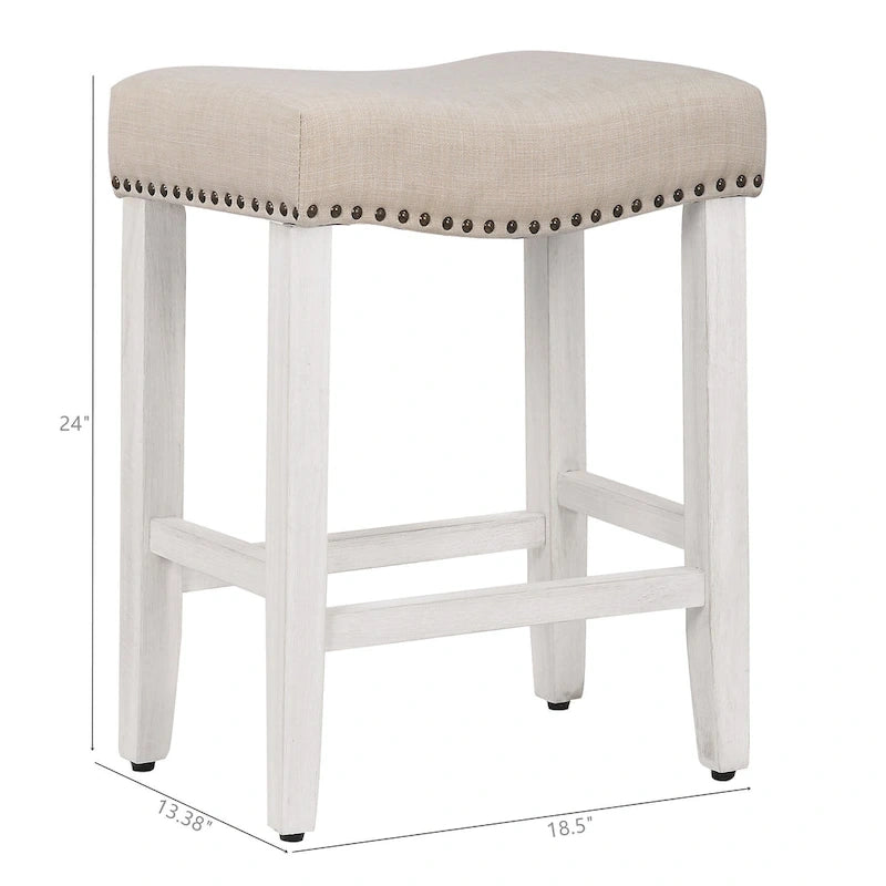 Upholstered Polyester Saddle Seat Counter Stool Antique White Rubberwood Legs