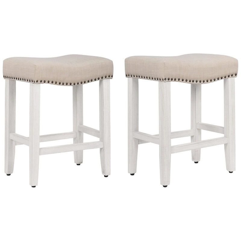 Upholstered Polyester Saddle Seat Counter Stool Antique White Rubberwood Legs