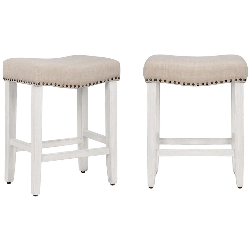 Upholstered Polyester Saddle Seat Counter Stool Antique White Rubberwood Legs