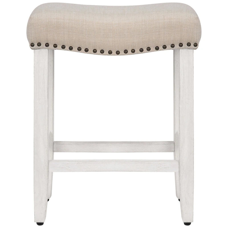 Upholstered Polyester Saddle Seat Counter Stool Antique White Rubberwood Legs