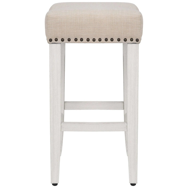 Upholstered Polyester Saddle Seat Counter Stool Antique White Rubberwood Legs