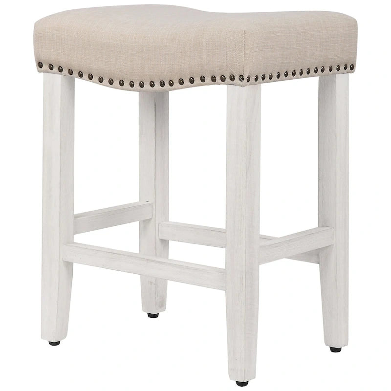 Upholstered Polyester Saddle Seat Counter Stool Antique White Rubberwood Legs