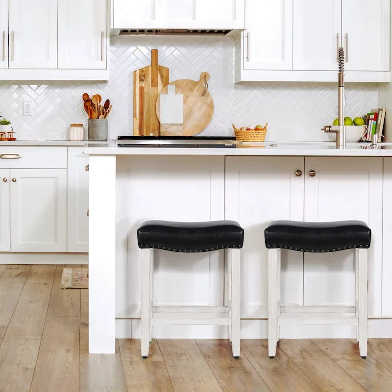 Upholstered Polyester Saddle Seat Counter Stool Antique White Rubberwood Legs