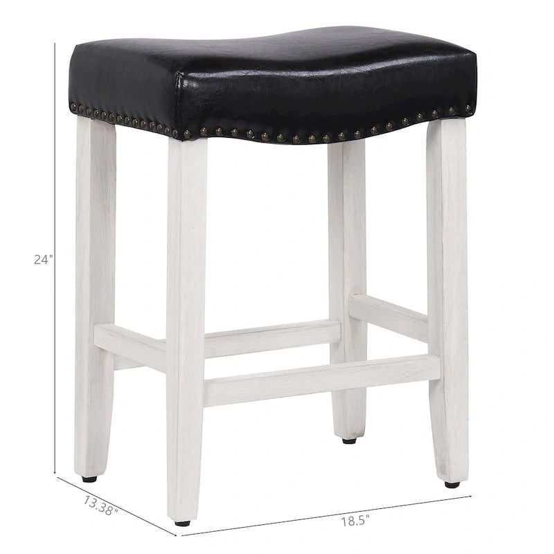 Upholstered Polyester Saddle Seat Counter Stool Antique White Rubberwood Legs