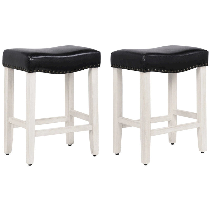 Upholstered Polyester Saddle Seat Counter Stool Antique White Rubberwood Legs