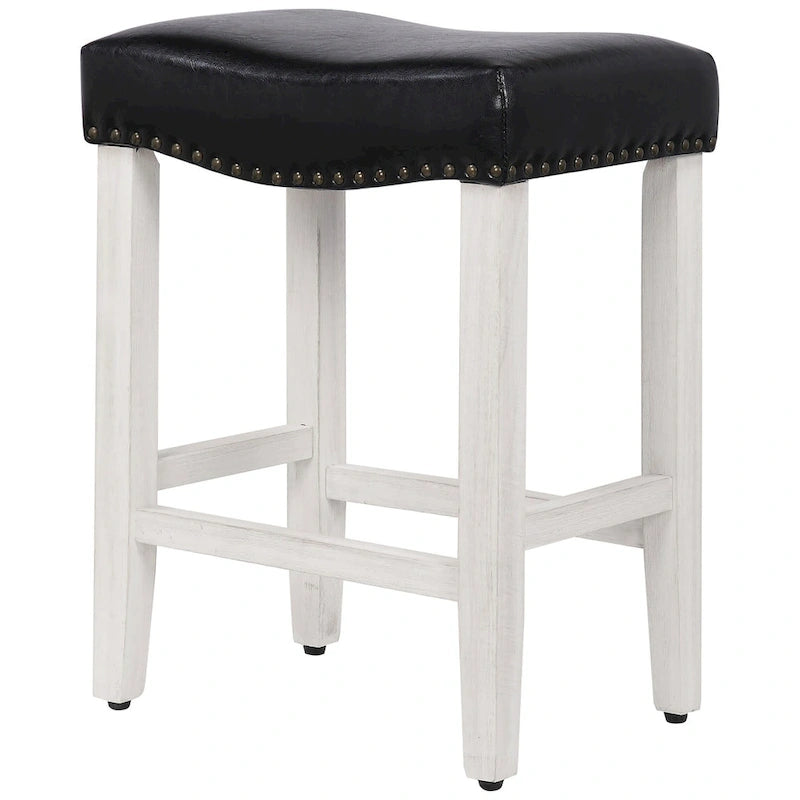 Upholstered Polyester Saddle Seat Counter Stool Antique White Rubberwood Legs