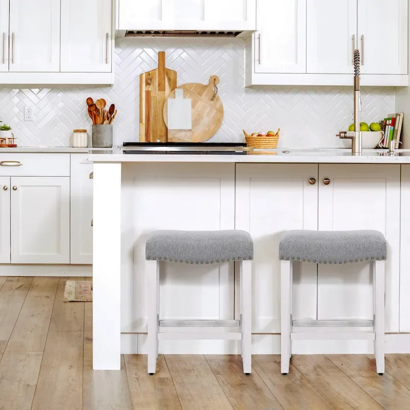 Upholstered Polyester Saddle Seat Counter Stool Antique White Rubberwood Legs
