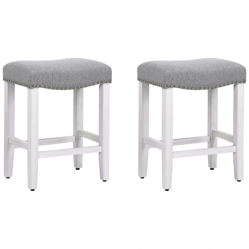 Upholstered Polyester Saddle Seat Counter Stool Antique White Rubberwood Legs