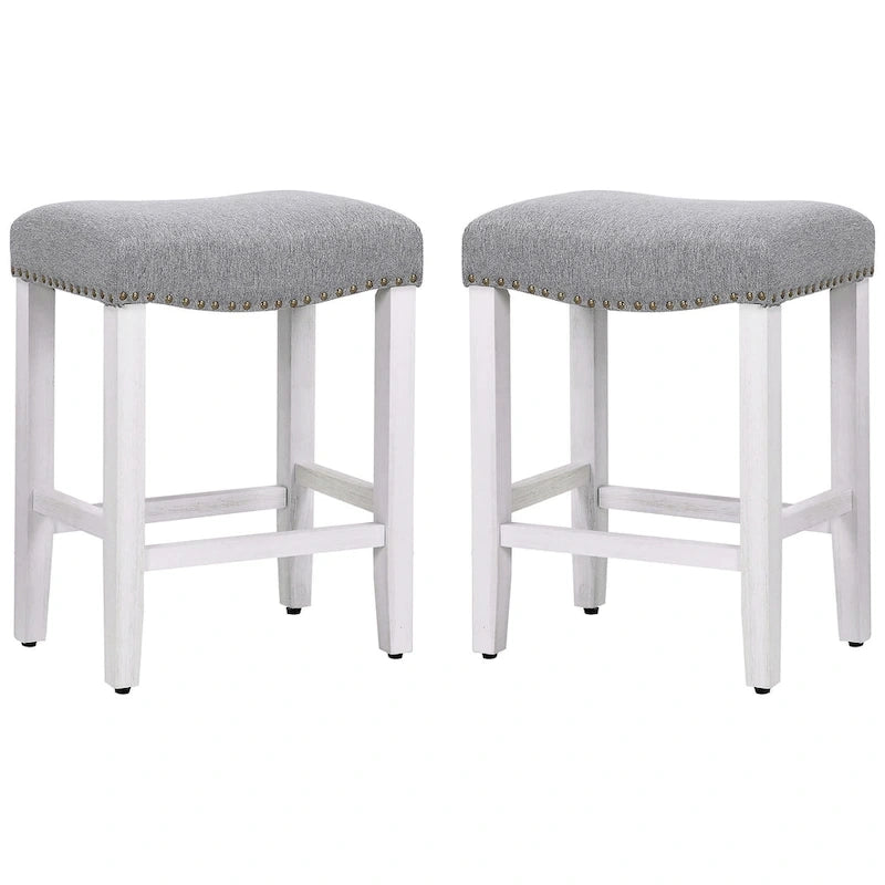 Upholstered Polyester Saddle Seat Counter Stool Antique White Rubberwood Legs
