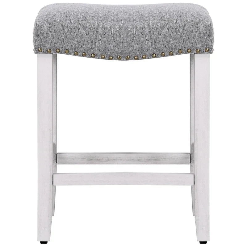 Upholstered Polyester Saddle Seat Counter Stool Antique White Rubberwood Legs