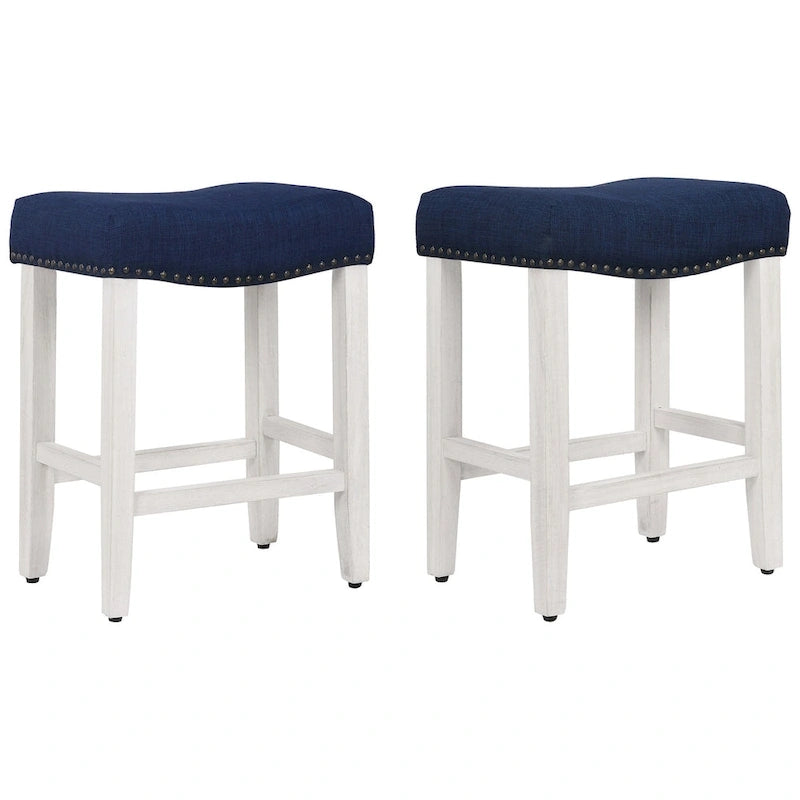 Upholstered Polyester Saddle Seat Counter Stool Antique White Rubberwood Legs