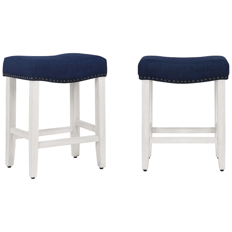 Upholstered Polyester Saddle Seat Counter Stool Antique White Rubberwood Legs