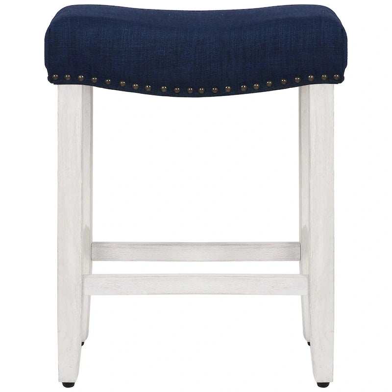 Upholstered Polyester Saddle Seat Counter Stool Antique White Rubberwood Legs