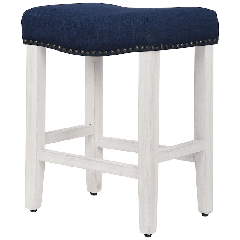 Upholstered Polyester Saddle Seat Counter Stool Antique White Rubberwood Legs